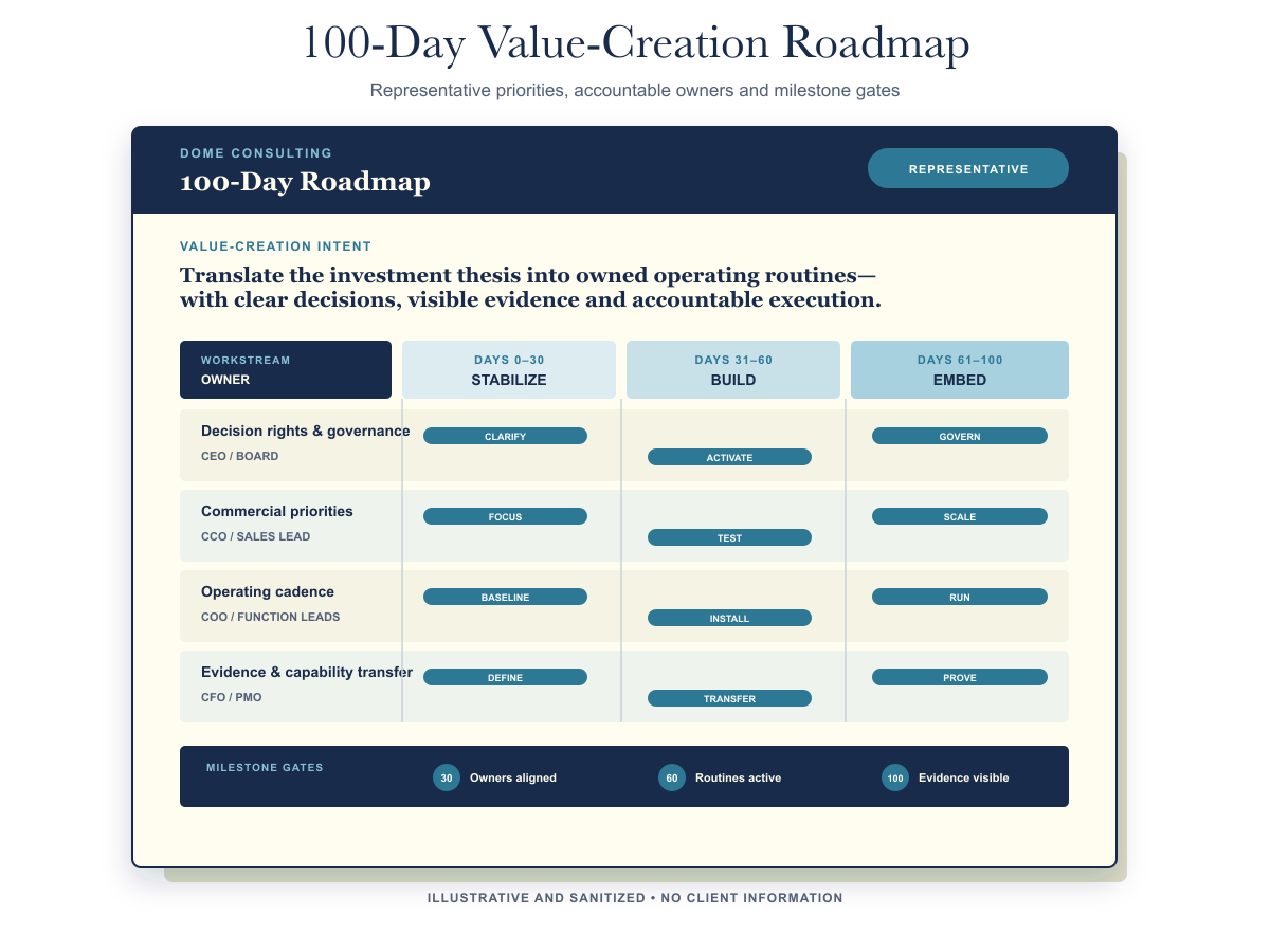 Sample 100-day roadmap showing sequenced priorities, owners and milestones for the first hundred days after close.