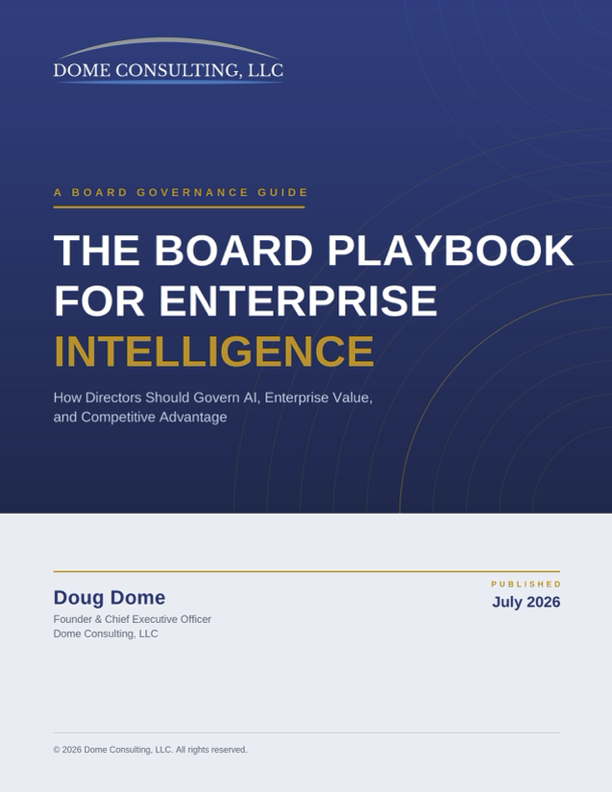 Cover of 'The Board Playbook for Enterprise Intelligence' by Dome Consulting, LLC, published in July 2026, with a subtitle about governance, AI, enterprise value, and strategic advantages, authored by Doug Dome.