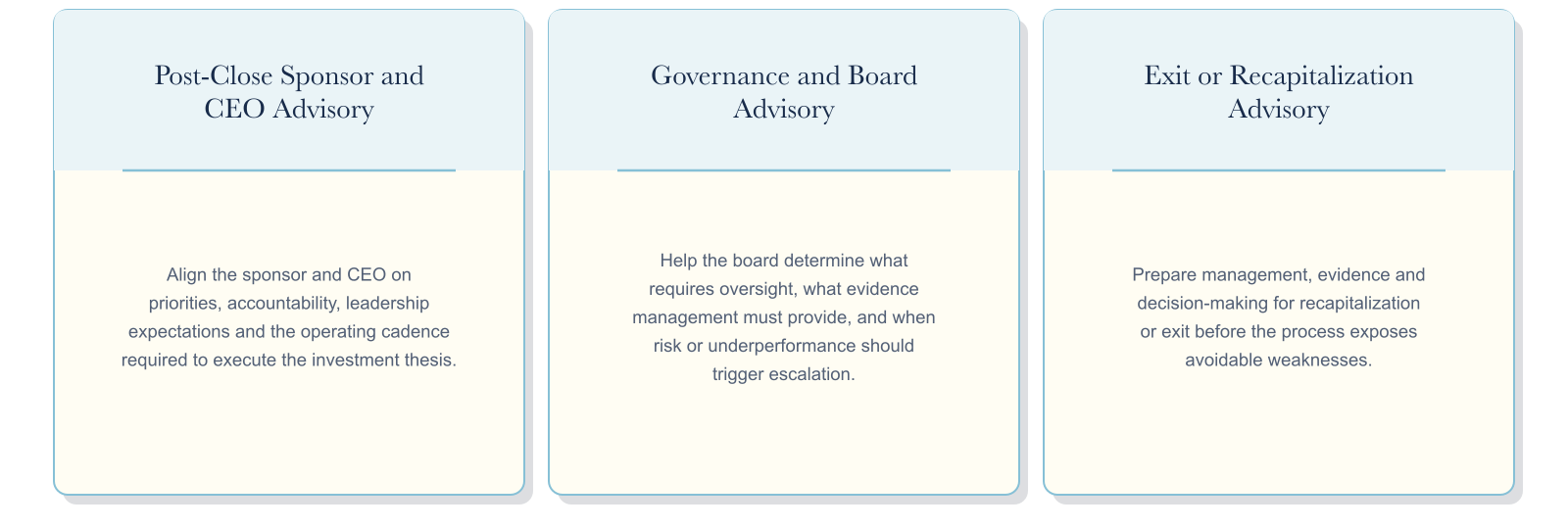 Senior judgment for consequential decisions that cut across strategy, ownership and operations.