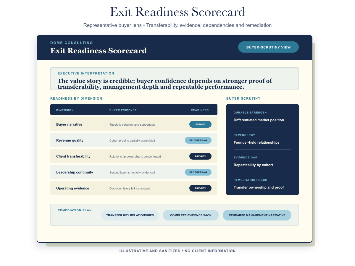 Output: Exit Readiness Scorecard assessing transferability, buyer risks and evidence gaps.