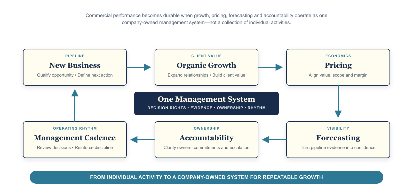 Commercial operating system diagram: new business, organic growth, pipeline, qualification, pricing, forecasting and accountability in one governed system.