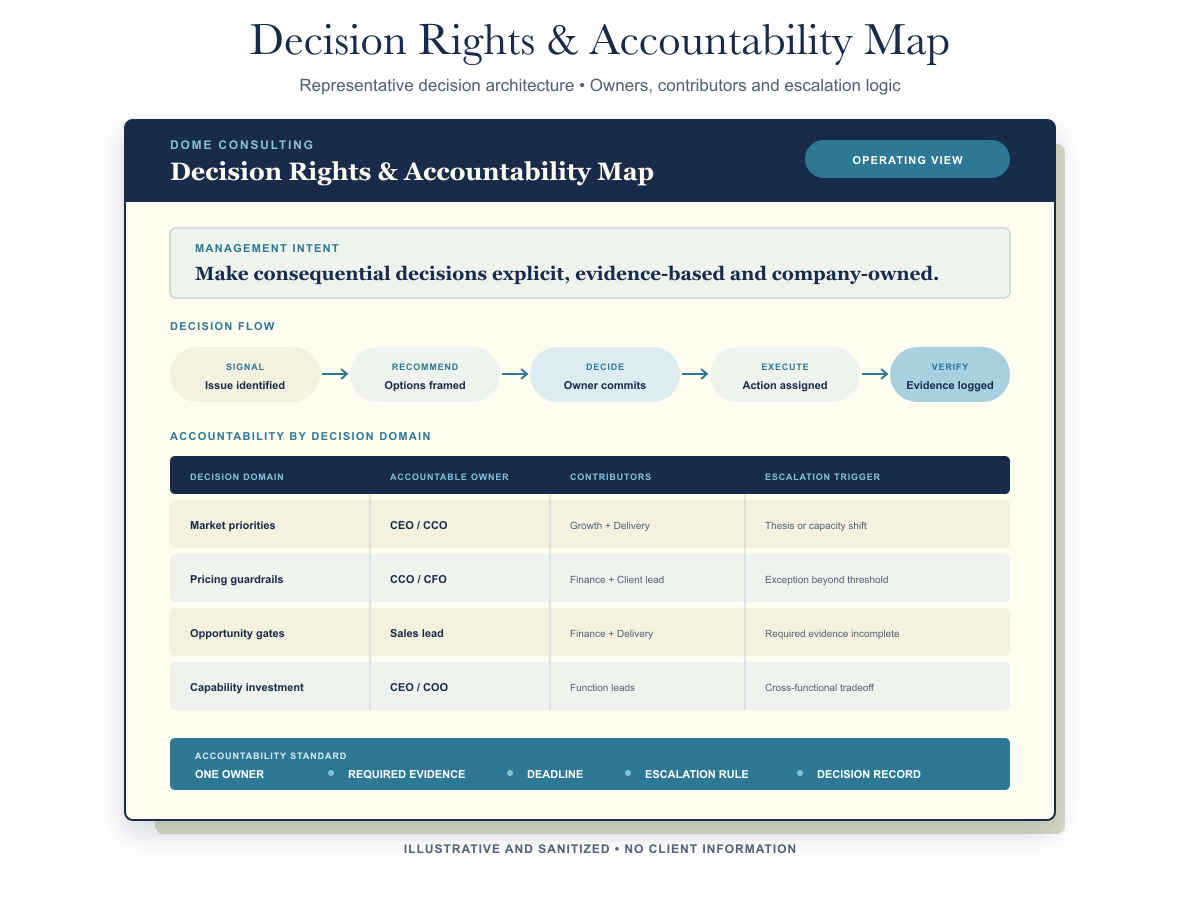Output: Decision Rights and Accountability Map showing owners, thresholds and escalation paths.