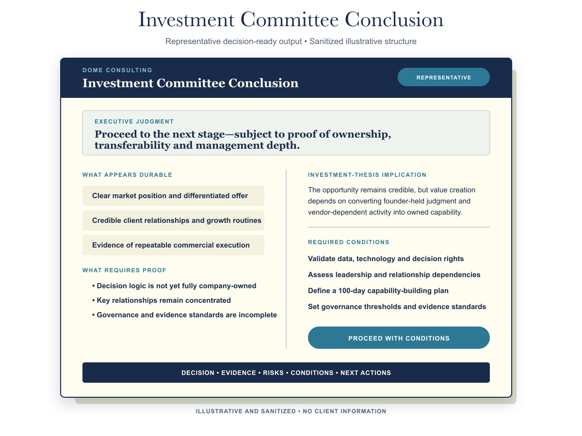 Decision-ready output: Investment Committee Conclusion, an evidence-based recommendation for an investment decision.