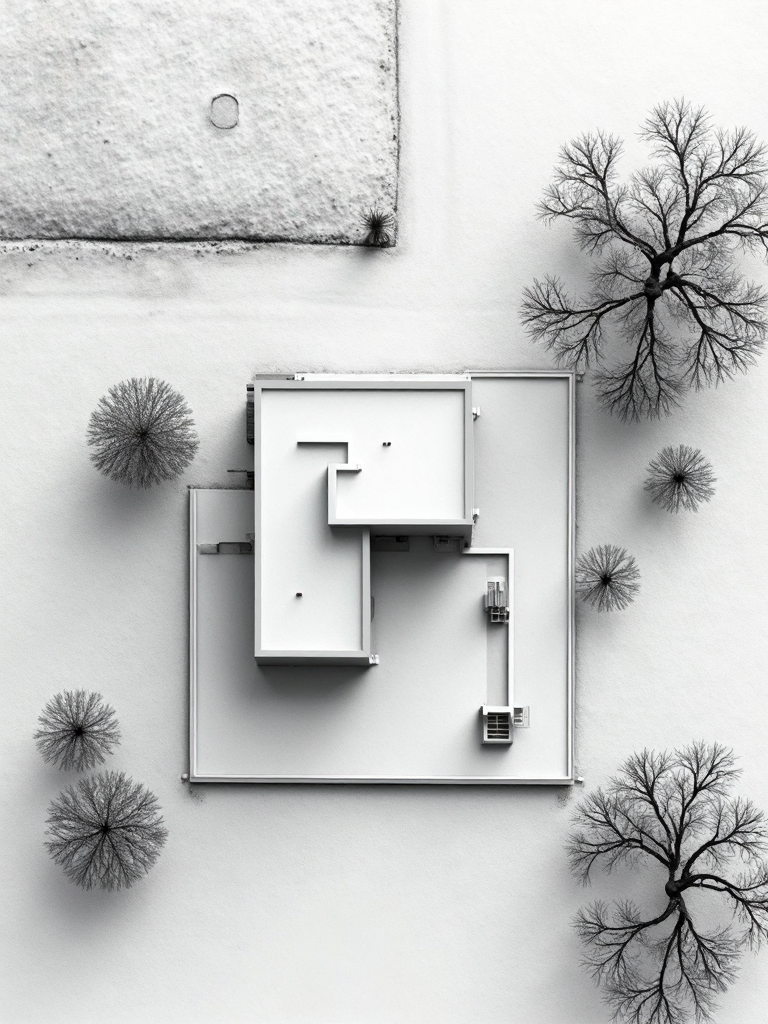 Groundfloor plan. Aerial view of a modern, minimalist building with a flat roof surrounded by leafless trees on a snow-covered landscape.