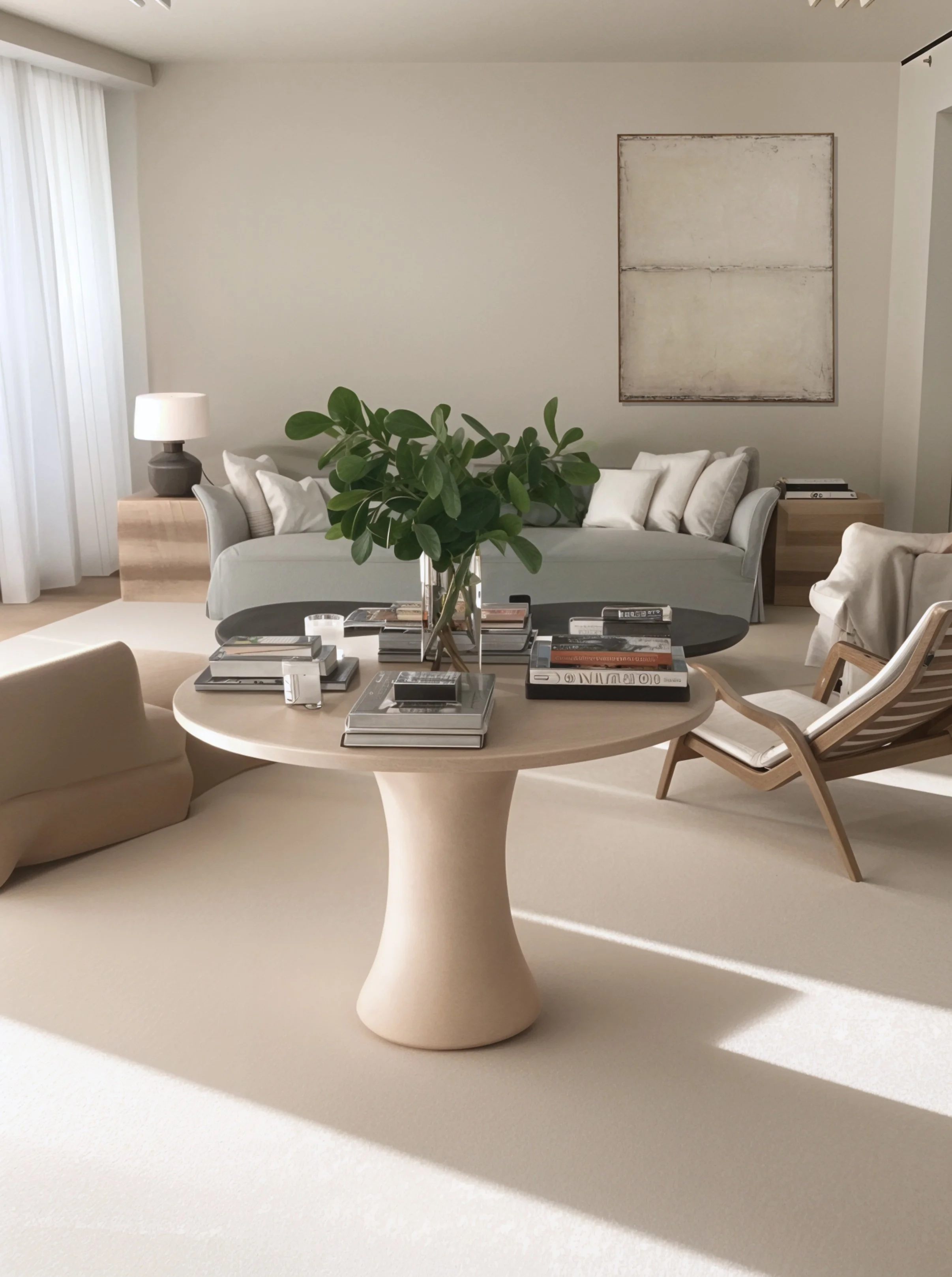 JD Residence | Interior design for a Miami residence. Modern living room with neutral tones, featuring a round table with books and a plant, comfortable designer lounge chair, a large painting, and a floor lamp near a sofa.