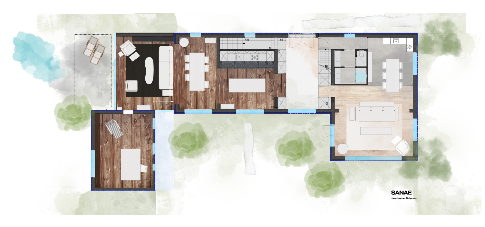 Farmhouse TDB " Architectural floor plan of a modern farmhouse featuring a living room, kitchen, dining area, bedrooms, and bathrooms. The design includes wooden flooring and outdoor spaces with trees.