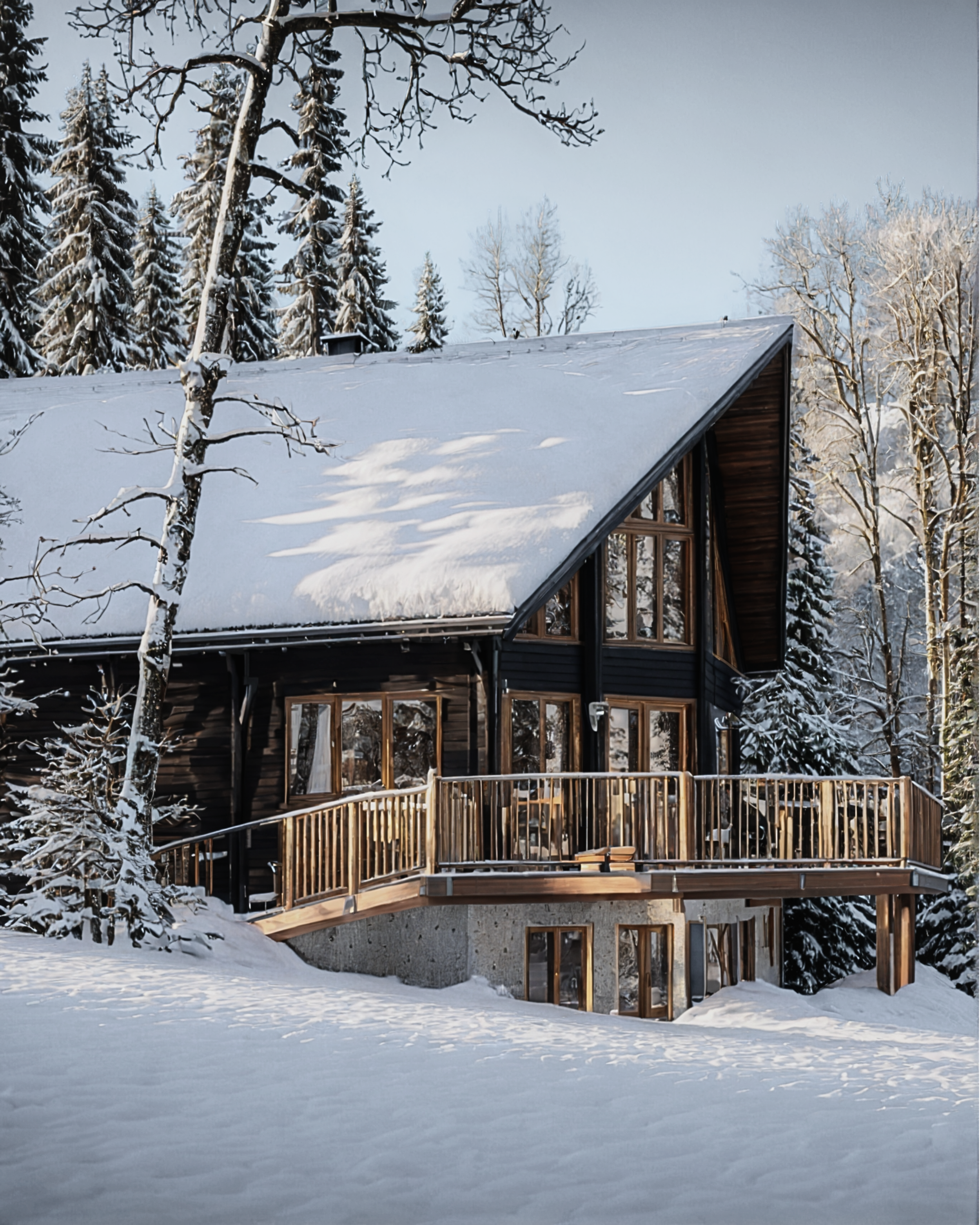 Chalet DVR | A snow-covered chalet in Gstaad in a winter forest setting with large windows and a wooden deck.