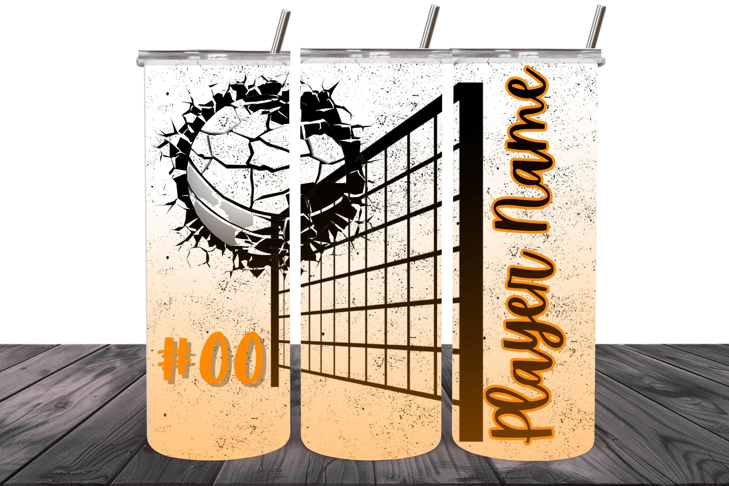A triple-layered tumbler with a volleyball and volleyball net graphic, and text '#00' on the left and 'playing now' on the right, placed on a wooden surface.