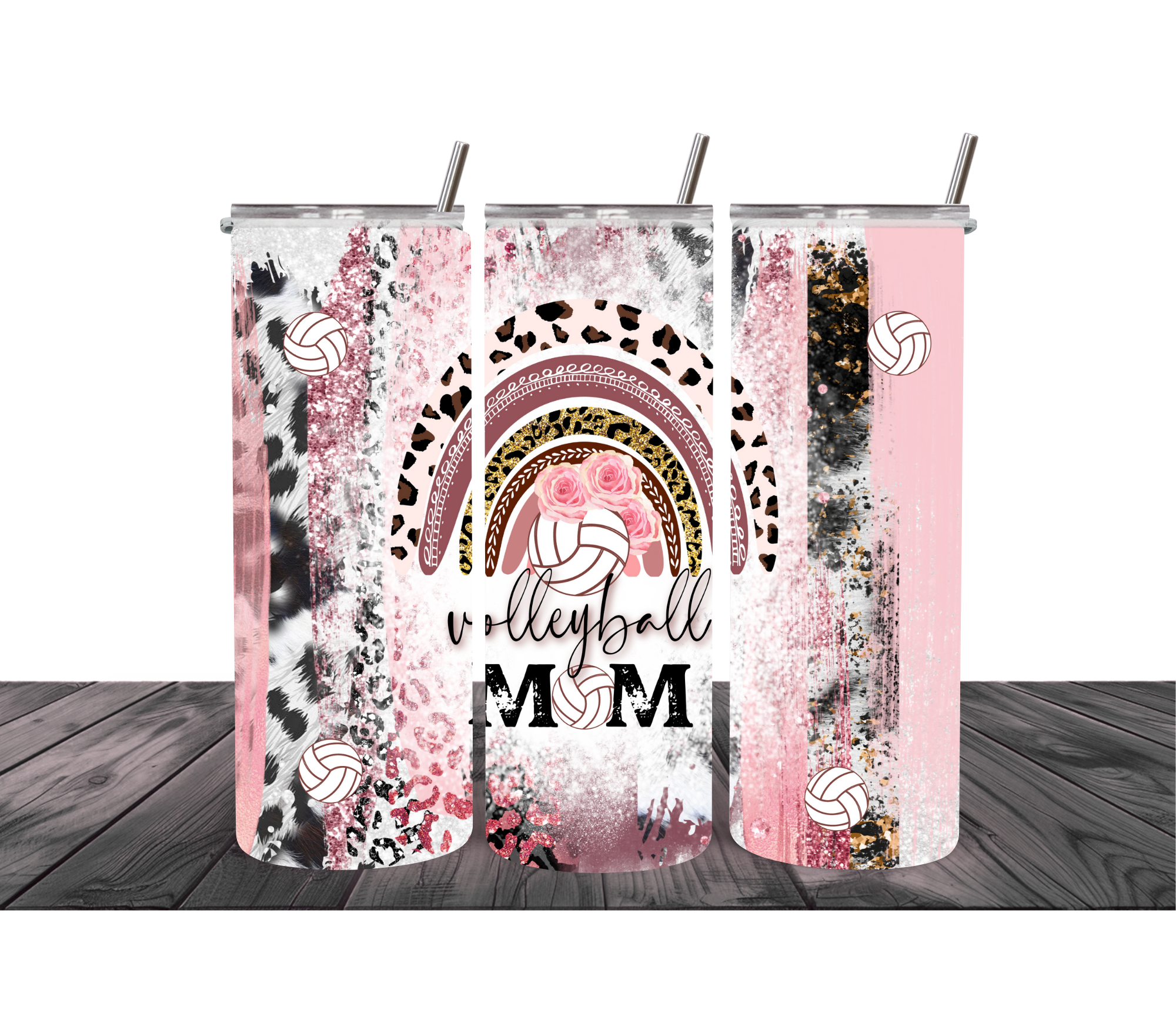 Volleyball Mom Boho Leopard Rainbow Tumbler – 20oz Stainless Steel