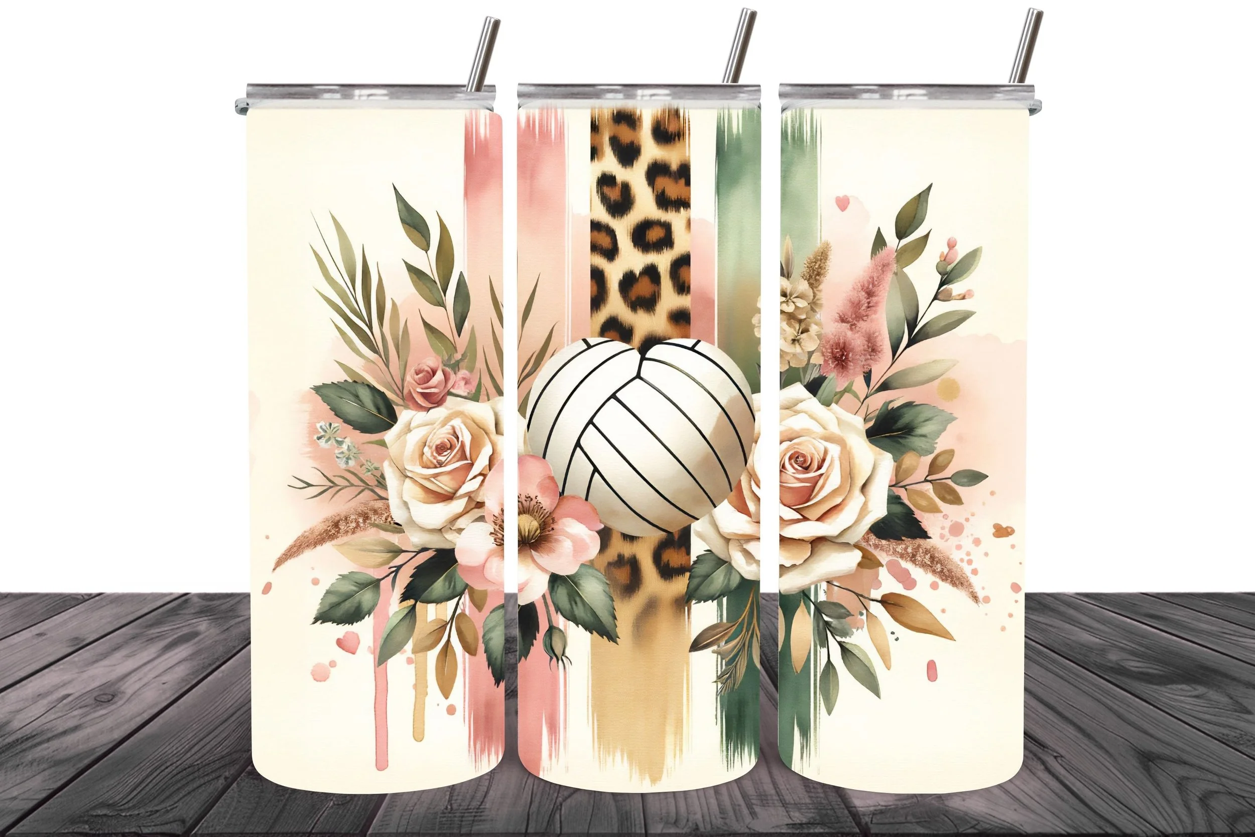 Floral Leopard Volleyball – 20oz Skinny Tumbler