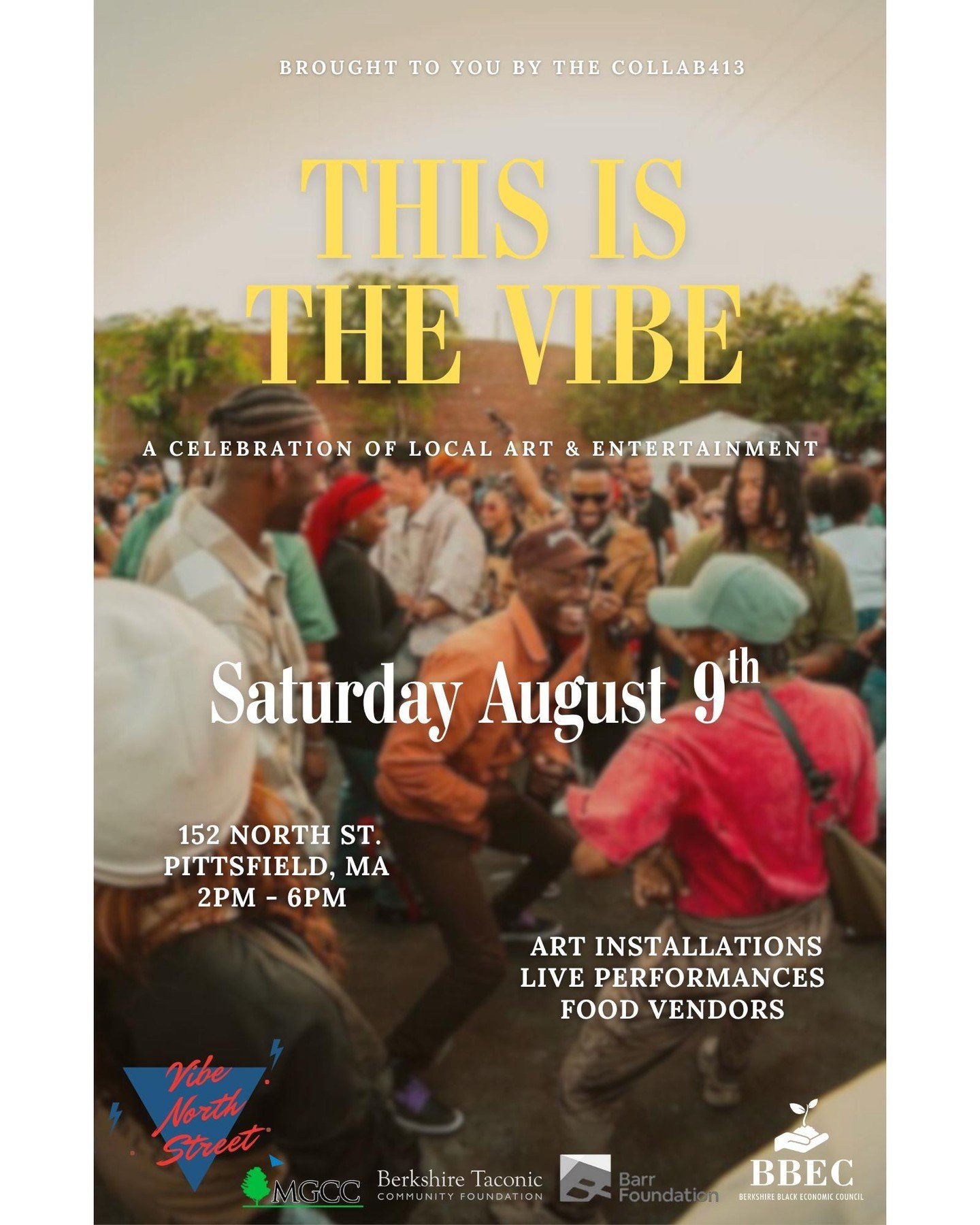 🎉 NEW LOCATION! 🎉

Date: August 9th
Time: 2pm-6pm
Place: Persip Park, Pittsfield

We&rsquo;re thrilled to invite you to a fantastic day of community celebration at the THIS IS THE VIBE Street Fair! 🌟✨ Hosted in collaboration with our friends at th