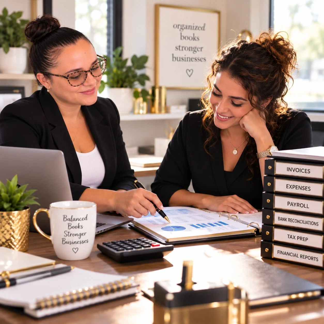 NexxLevel owner reviewing organized bookkeeping records and financial reports with a small business client in Lacey, Washington.