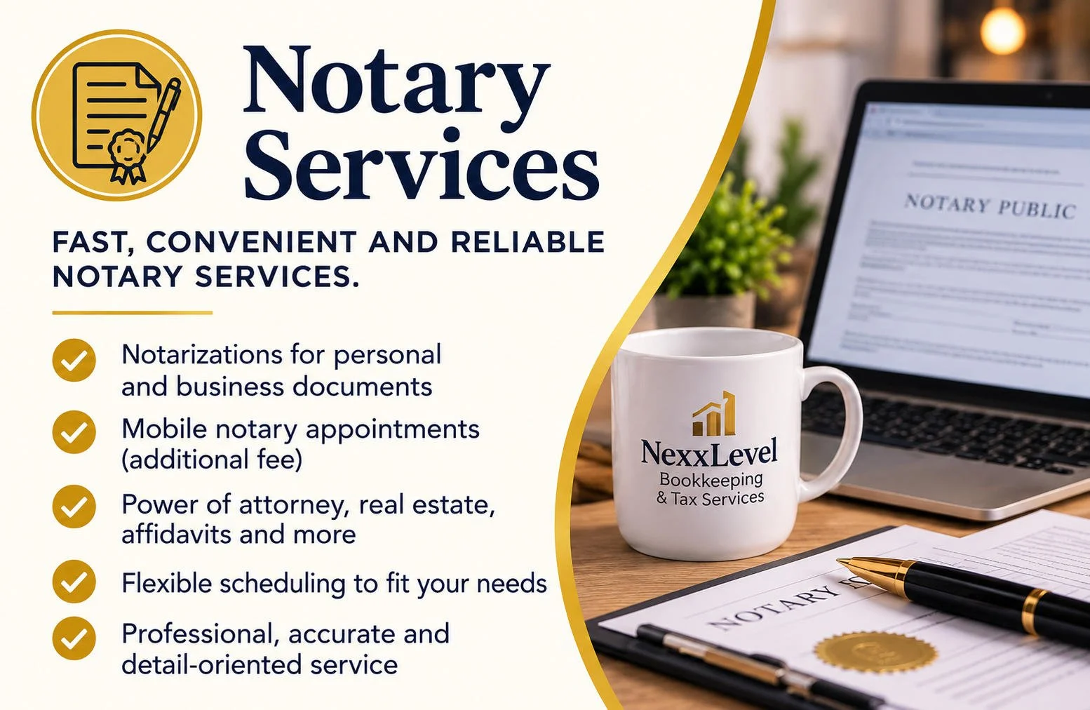 NexxLevel notary services in Lacey, WA, for personal and business documents, with mobile notary appointments available for an additional fee.