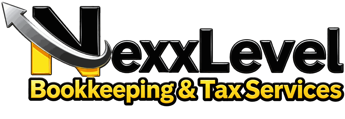 NexxLevel Bookkeeping & Tax Services logo with a silver arrow and gold accents.