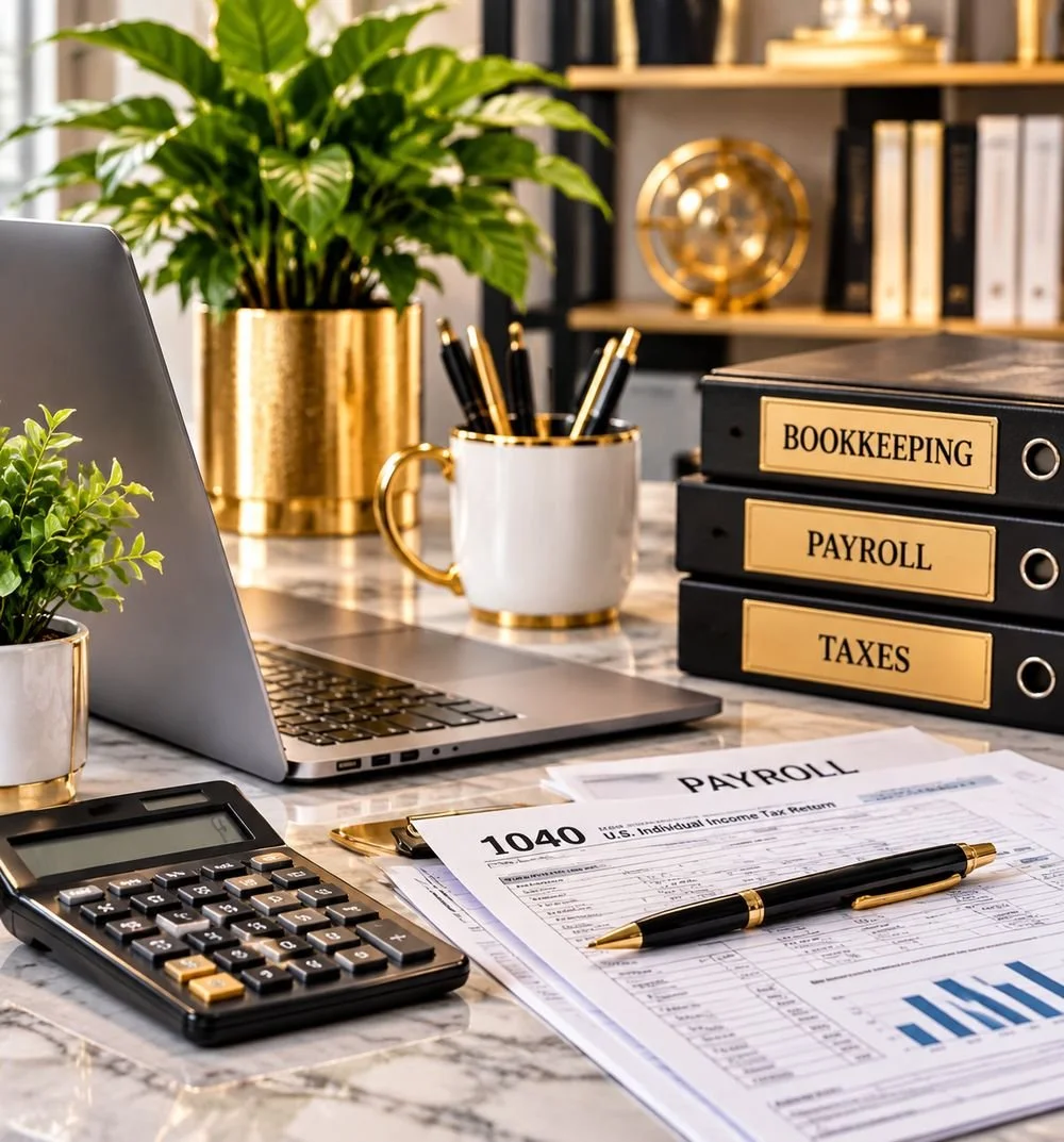 Organized accounting workspace with bookkeeping, payroll and tax records, calculator and laptop representing NexxLevel's services in Lacey, WA.