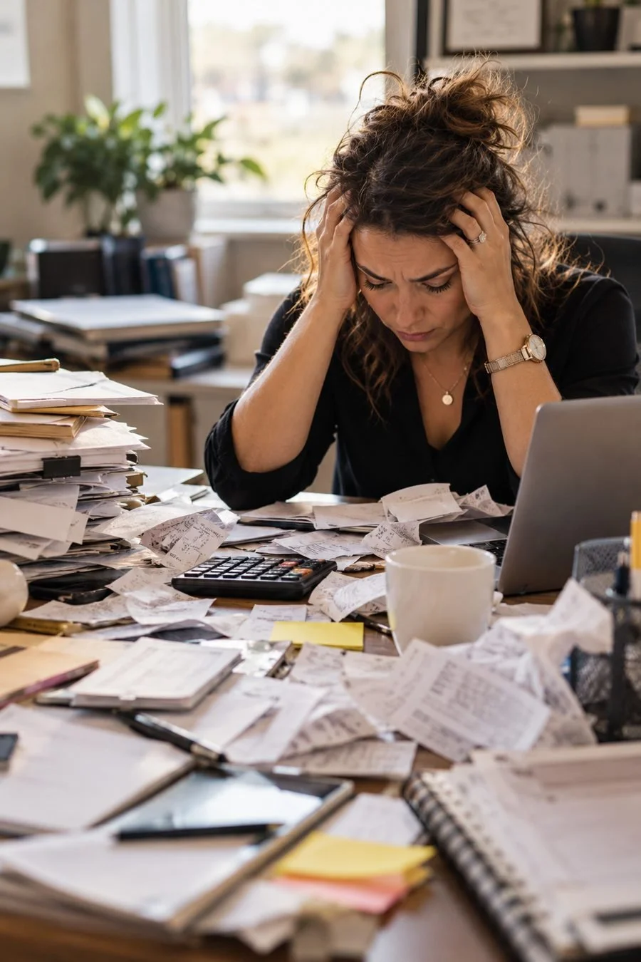 Overwhelmed small business owner surrounded by receipts and paperwork, illustrating overdue bookkeeping and financial stress.