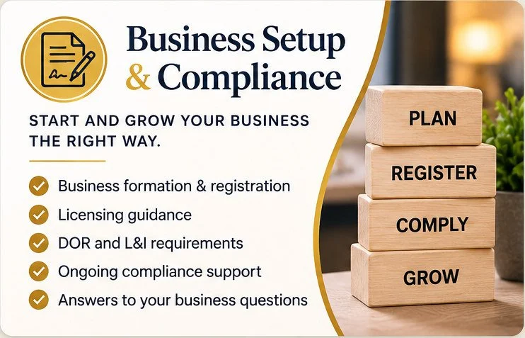 NexxLevel business setup and compliance services in Lacey, WA, covering company registration, licensing, DOR and L&I requirements.