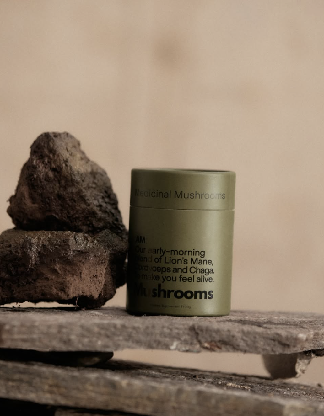A green container labeled 'Medicinal Mushrooms' and a pile of rocks on a wooden surface, with a blurred neutral background.