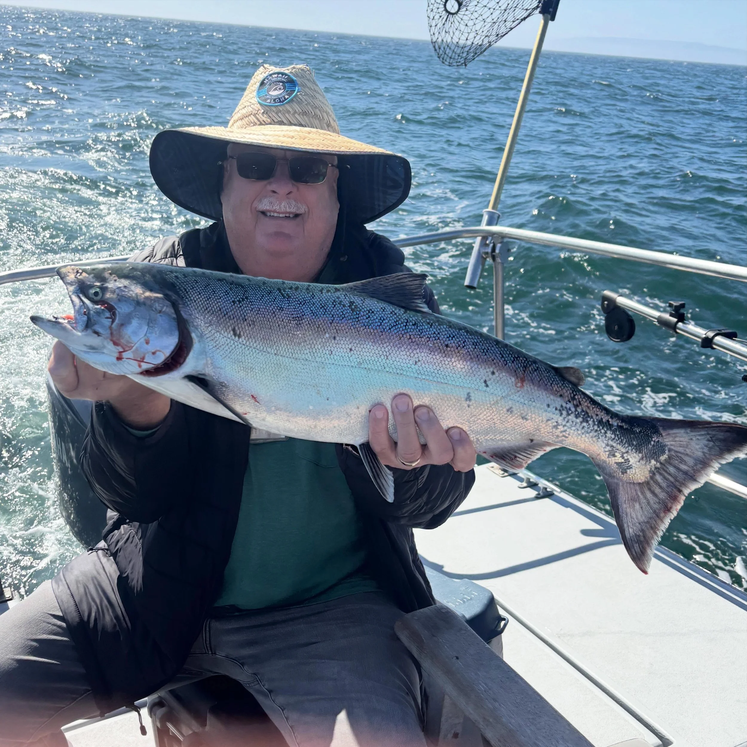 One passenger today.
Sadly the other missed the boat. 
We had two good hits and then finally a fish.
The wind has been worse than forecast and came up at 10am.  If you want to go salmon fishing or rock fishing send a message or hit the attached links