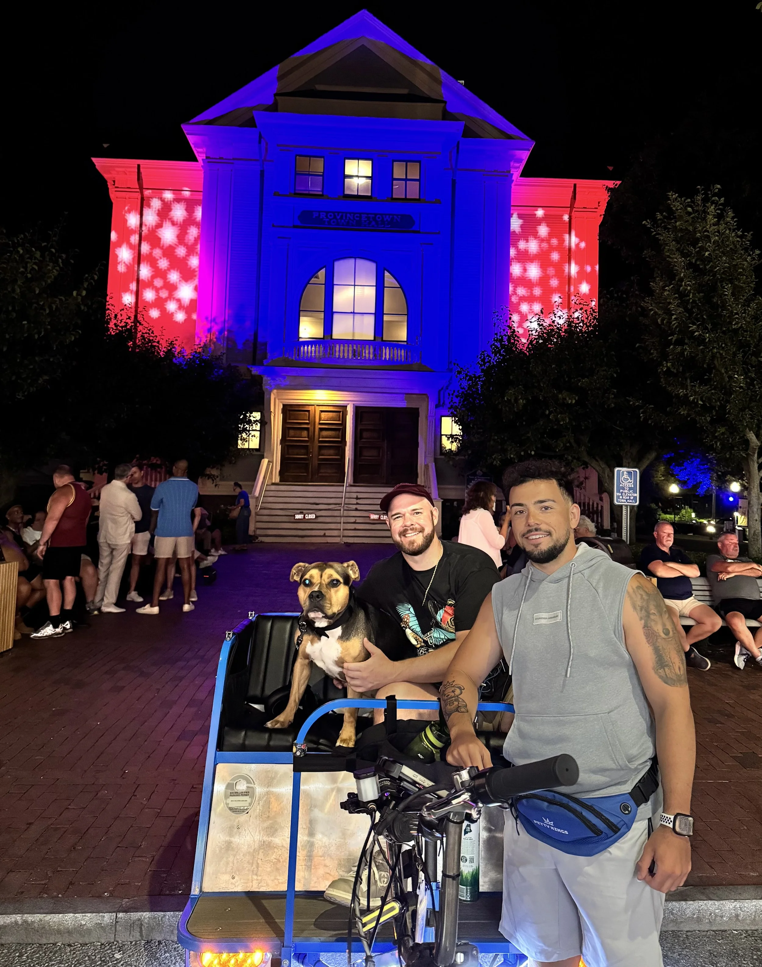 Petty Kings Provincetown Cape Cod Ptown Pedicabs Bicycle Taxis Ptown Boy Toy Pedicabs Photo on Beach Flexing Town Hall, Dog-Friendly Provincetown, Daily Ride Passes, Petty Passes