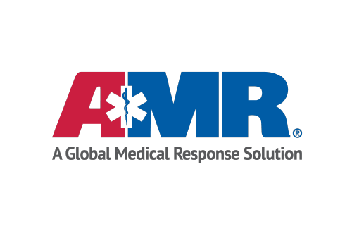 AMR logo with red and blue lettering and a medical caduceus symbol, captioned 'A Global Medical Response Solution'