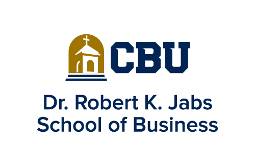Logo for CBU Dr. Robert K. Jabs School of Business, featuring a gold church steeple and cross above the initials 'CBU' in blue.
