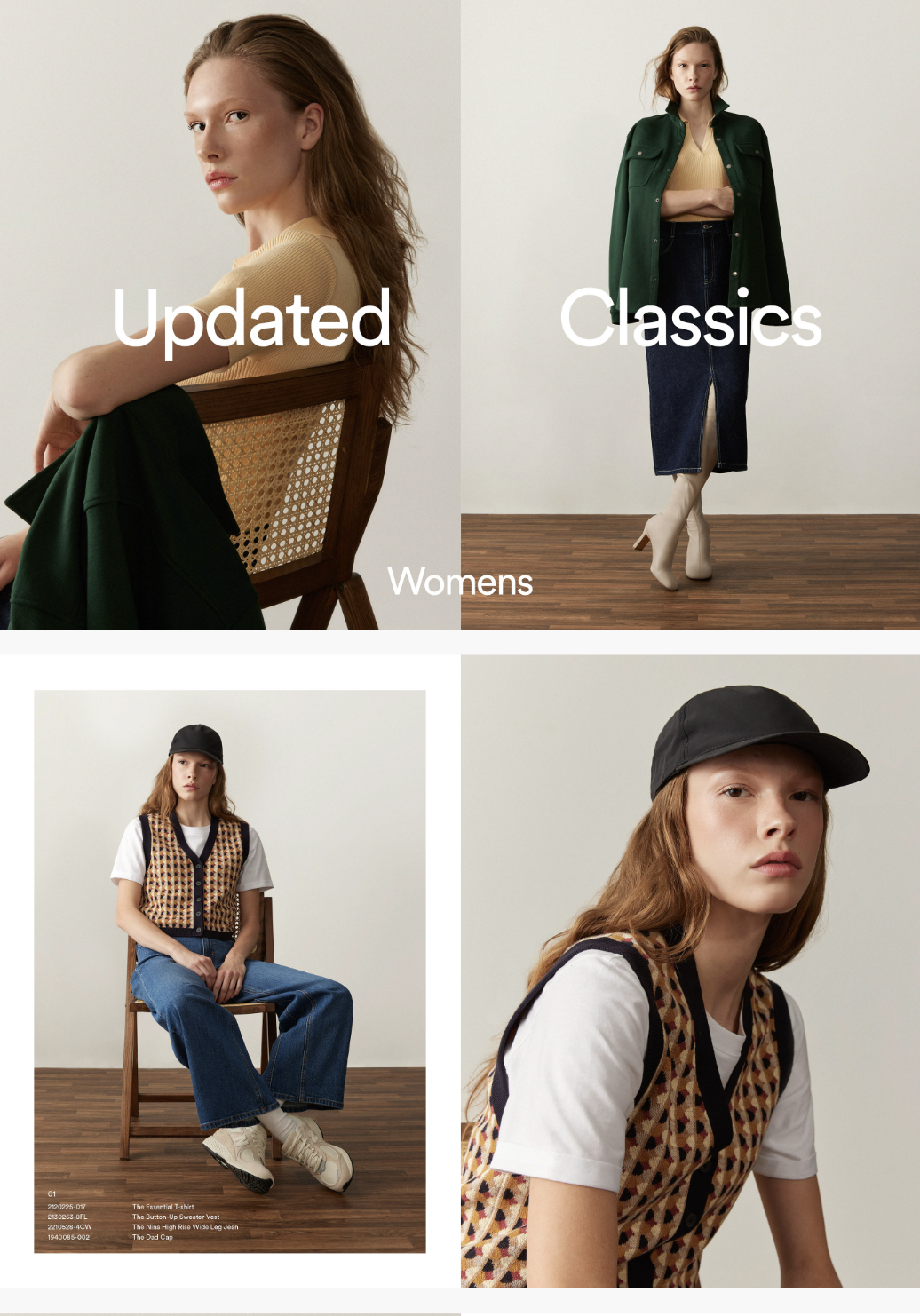 Four women modeling casual outfits for a fashion catalog, with looks varying from classic to updated styles, against simple backgrounds with wooden floors.