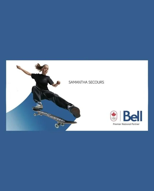 A person skateboarding on a wave graphic with text 'Samantha Secours' and logos for Bell and the Canadian Olympic team.