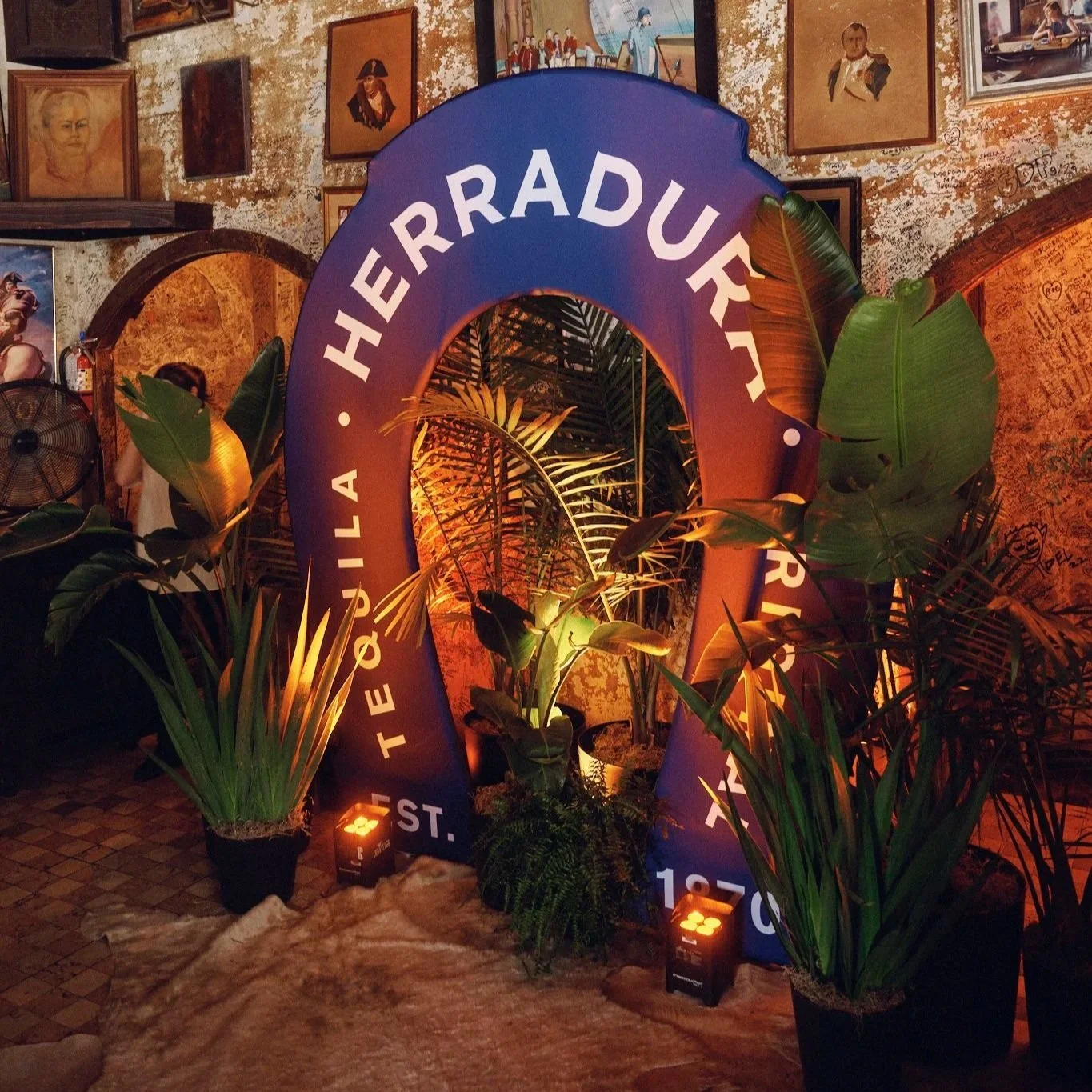 Tropical plants used to anchor signage and drive visual focus.