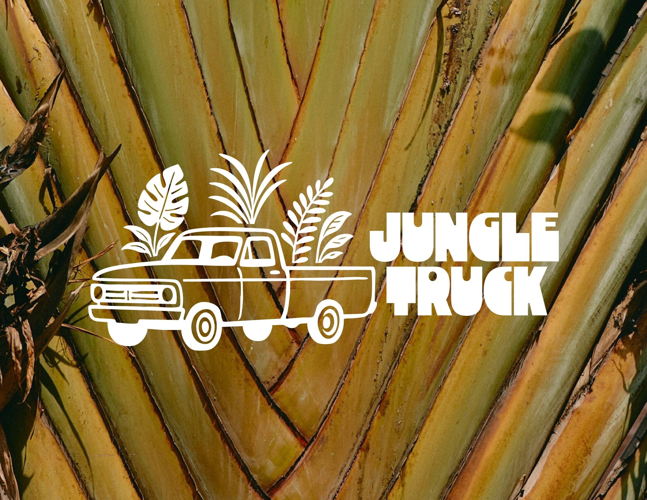 Illustration of a jungle truck with plants inside the vehicle, set against a background of jungle leaves.