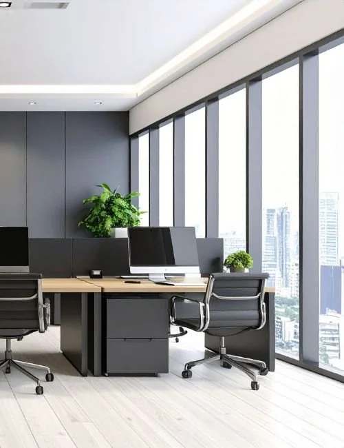 Bureau moderne avec trois fauteuils, un bureau en bois, une plante verte, et de grandes fenêtres laissant entrer la lumière naturelle, vue sur une ville.