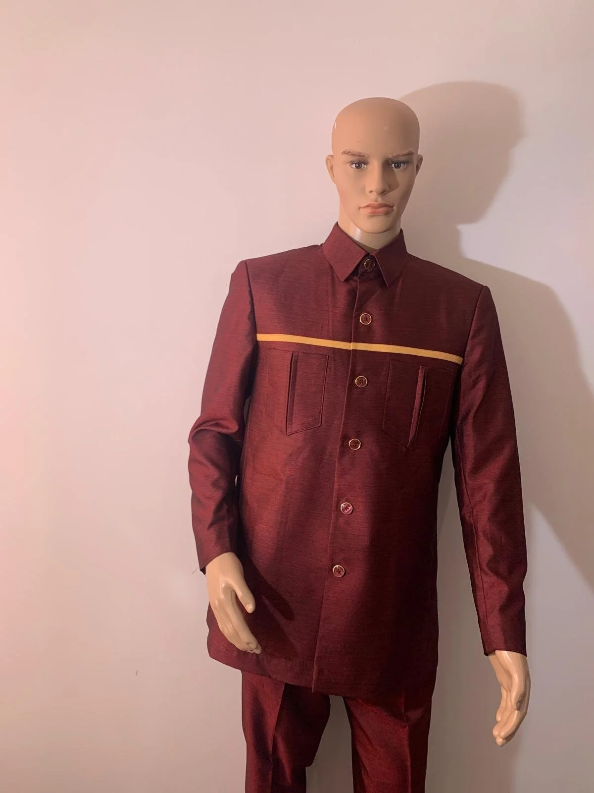 mediun sized Sophisticated Maroon Formal Suit with Yellow Accent