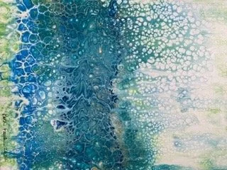 Abstract painting with blue and green cells resembling ocean waves and bubbles.