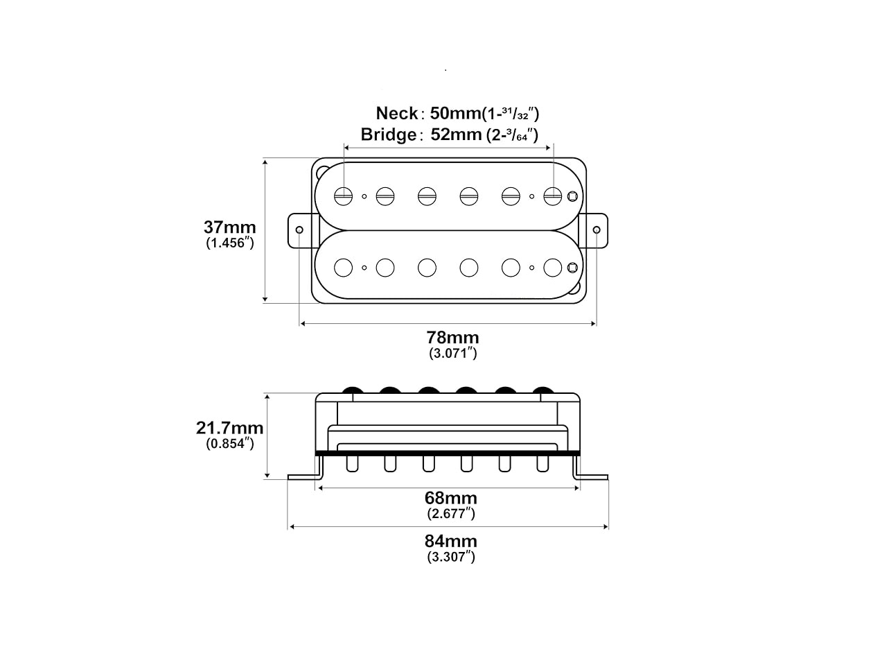 Diagram showing mounting specifications and pole spacing for humbucker installation