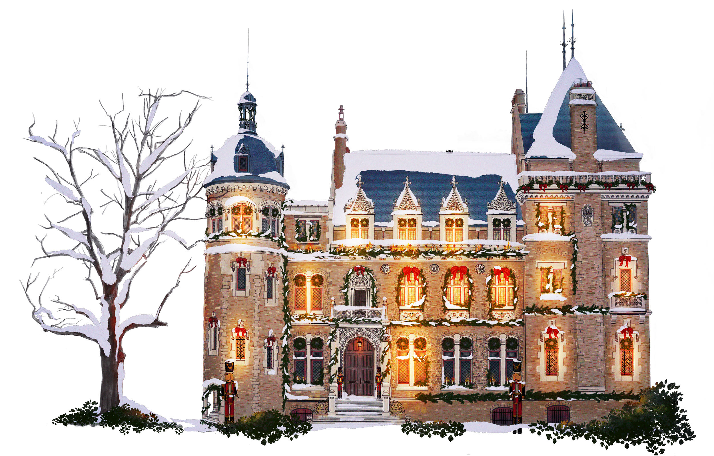 Château de Méridon in winter — illustrated façade with Christmas garlands, snow-covered roof and warm candlelight from within, private estate near Paris