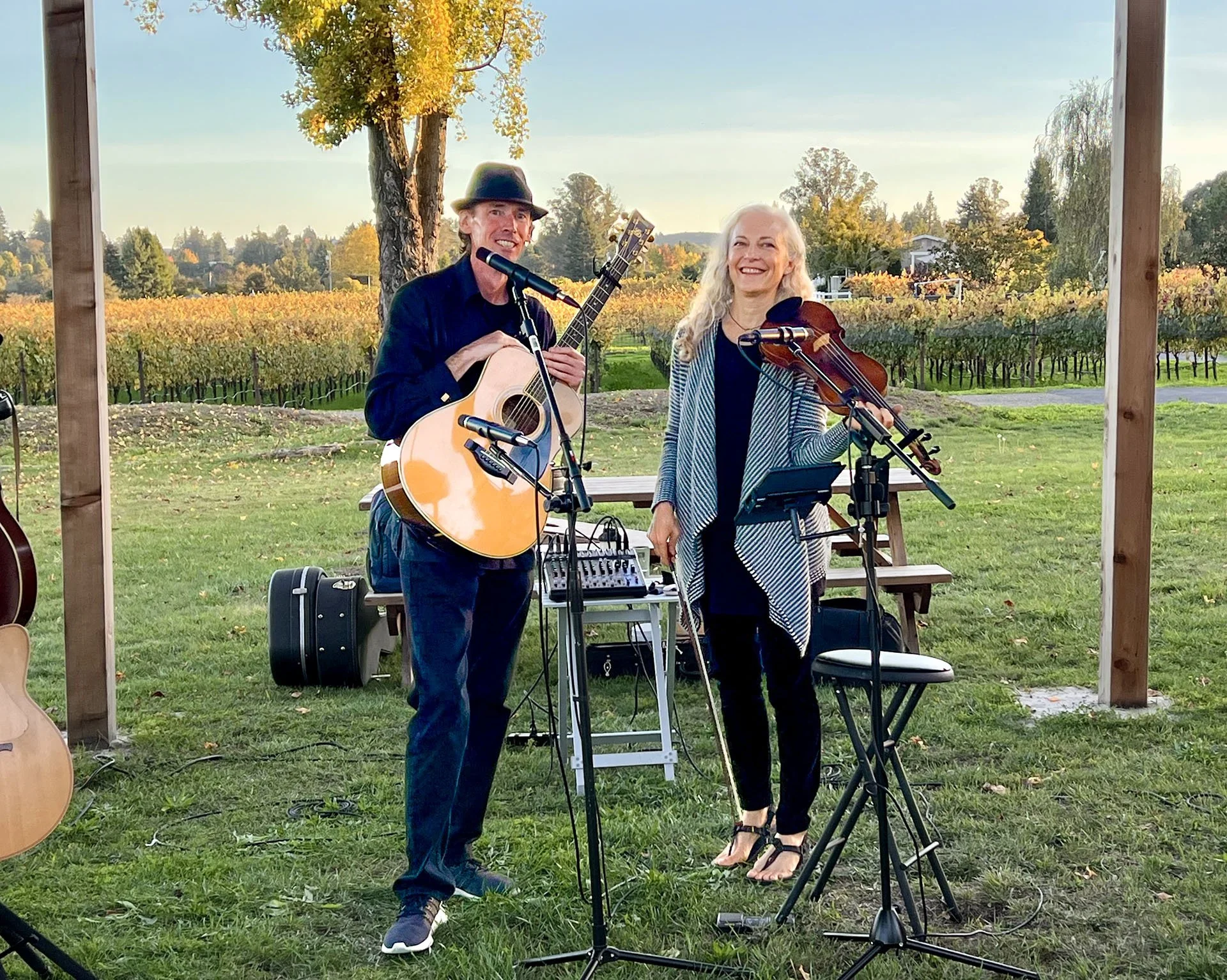 Jimmy Murphy and Suzuki Cady with instruments at Reichwage winery in Sebastopol, California.