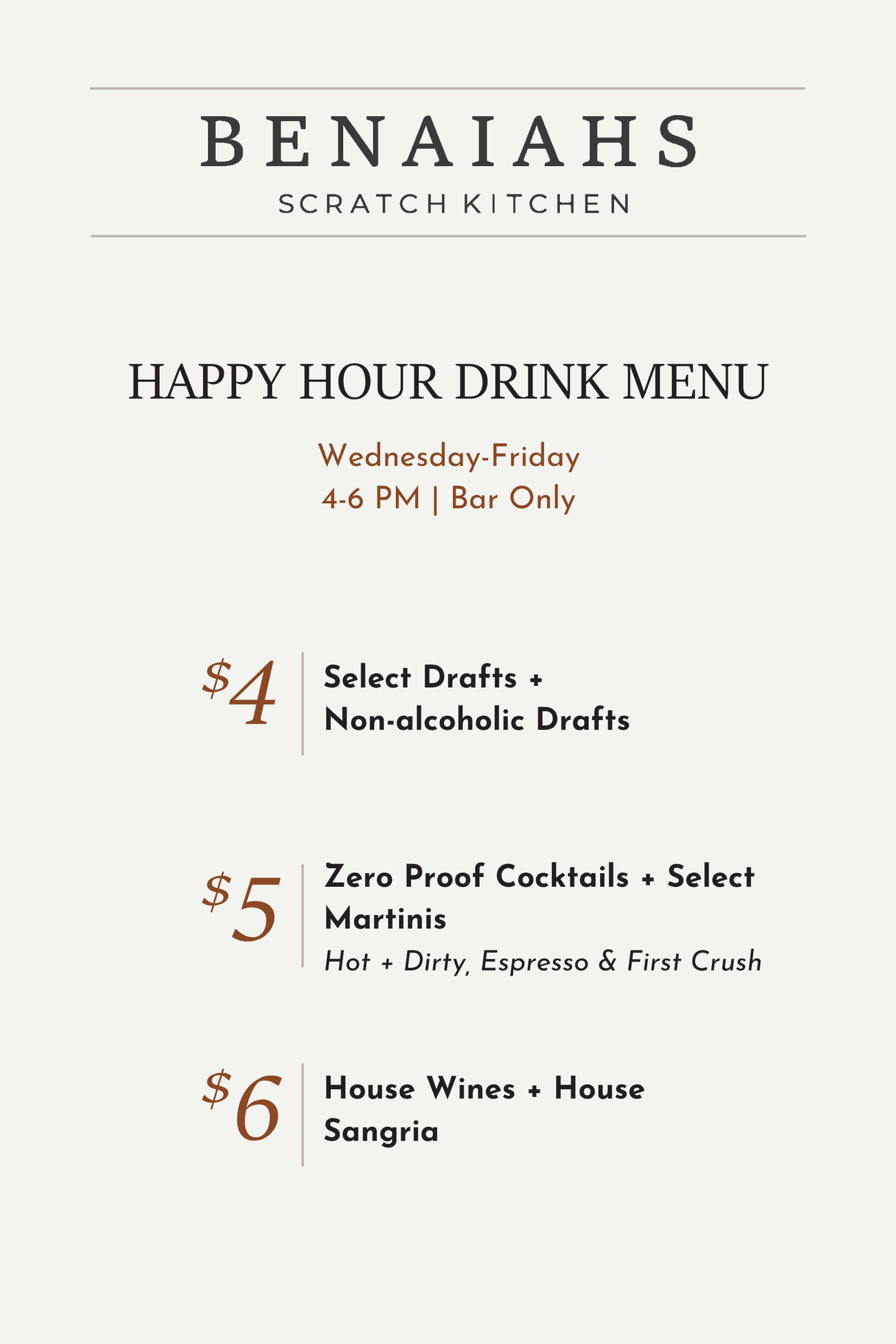 Happy Hour Drink Menu with specials from Wednesday to Friday, 4-6 PM, listing prices and drink options including drafts, non-alcoholic drinks, cocktails, martinis, house wines, and sangria.