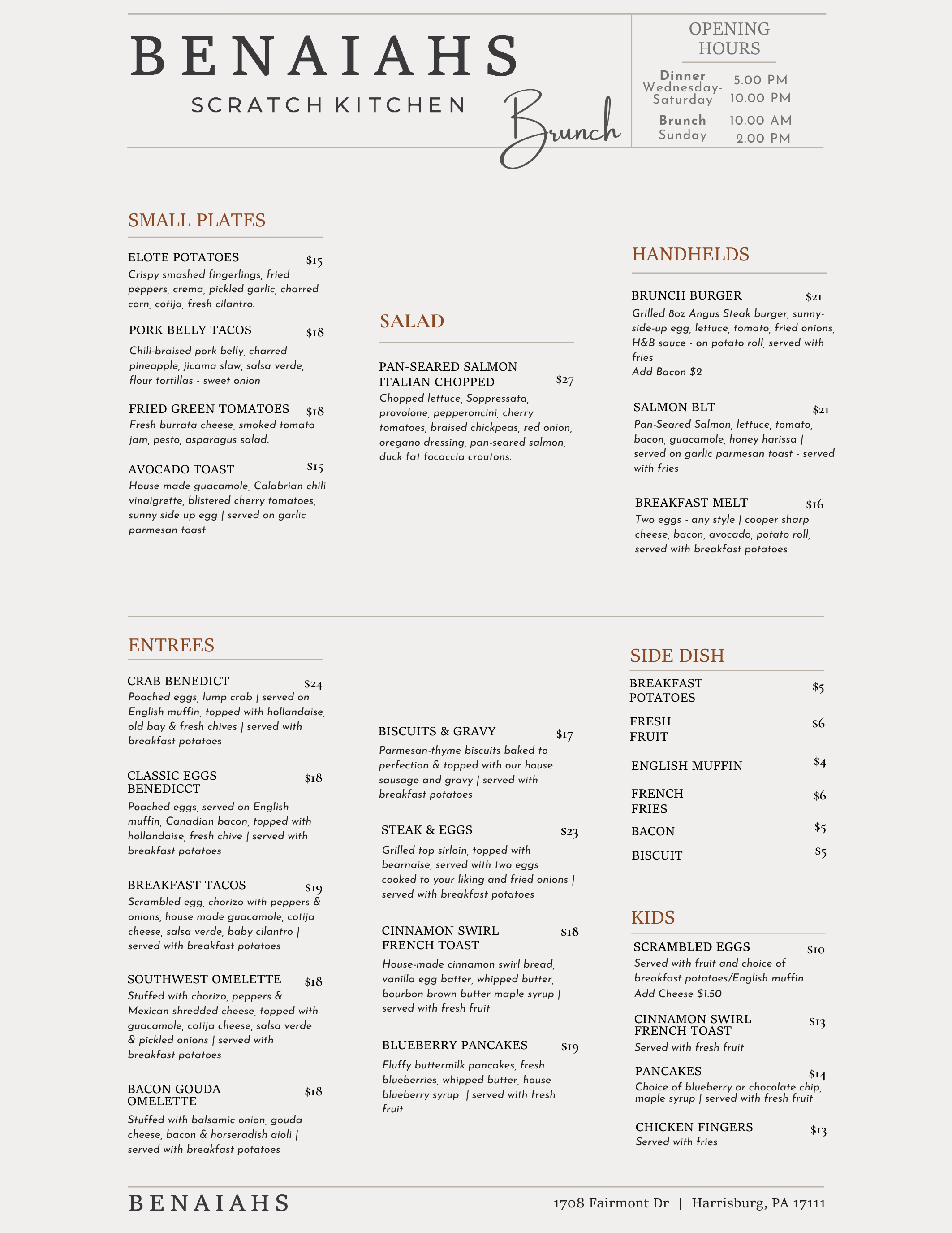 Menu from Benaiah's Scratch Kitchen featuring sections for small plates, salad, entrees, side dishes, kids' meals, and handhelds with dish descriptions and prices, opening hours, and address.