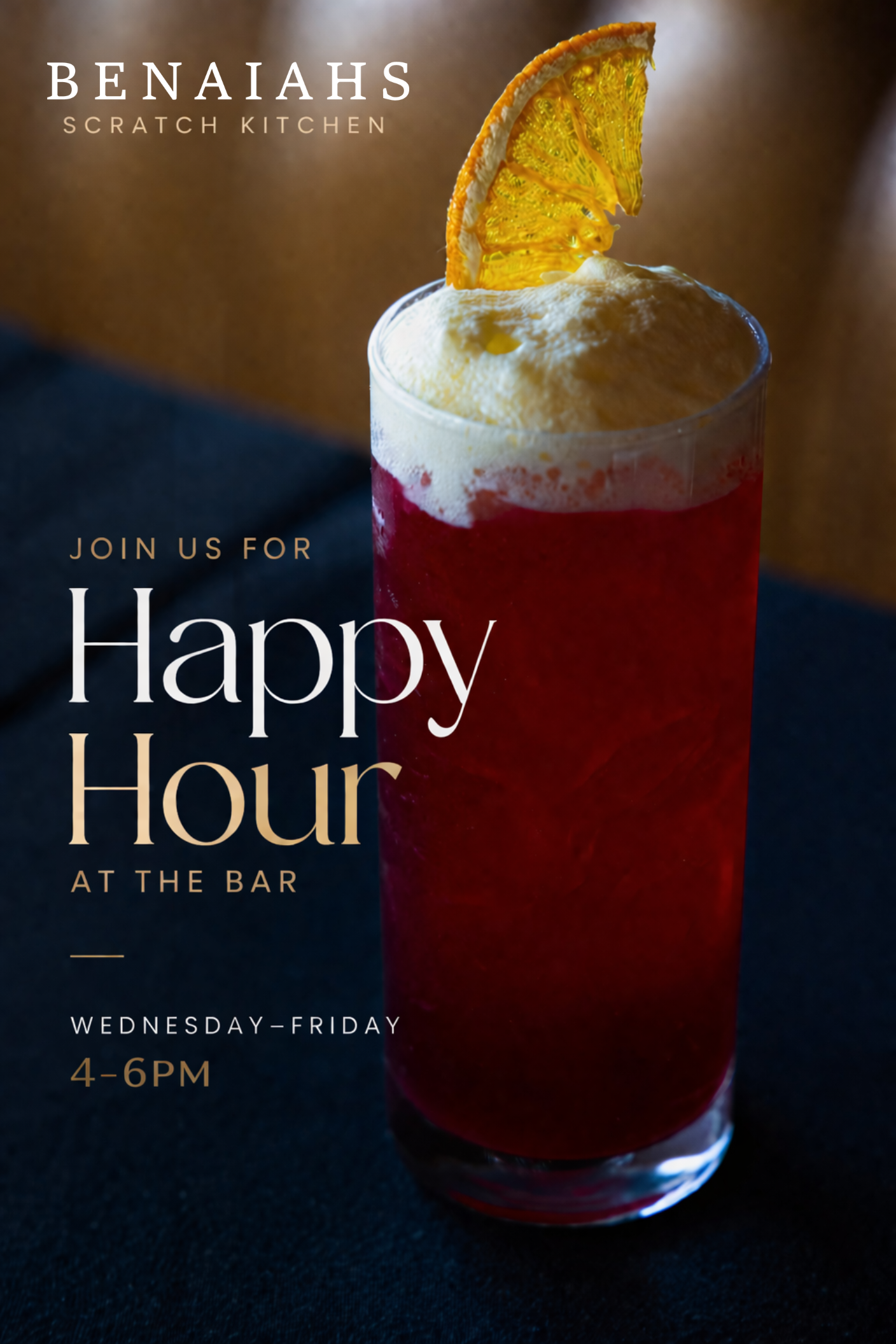 A promotional graphic for Happy Hour featuring a red beverage topped with foam and garnished with a dried orange slice.