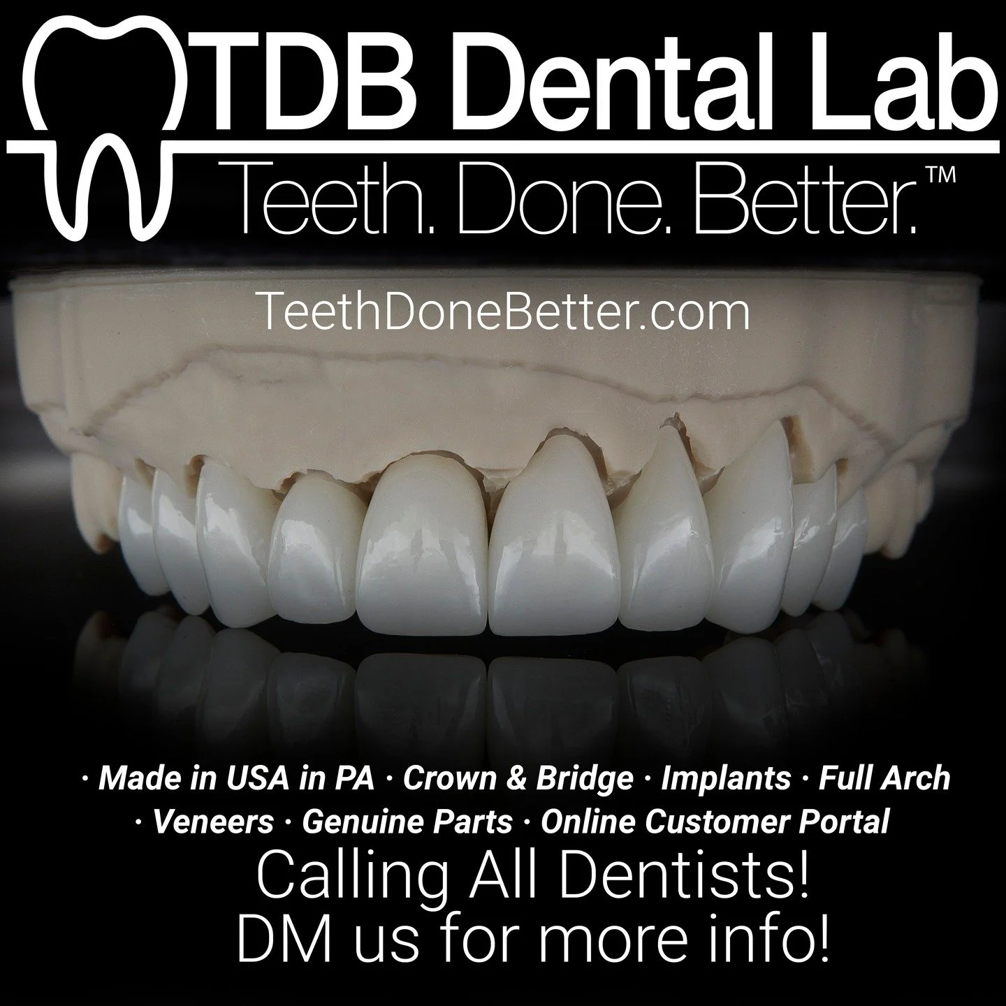 🦷 Ready to level up your lab experience?
At TDB Dental Lab &ndash; Teeth Done Better, we deliver crowns, bridges, implants, and full arch restorations with the quality, precision, and reliability you deserve.

100% Made in the USA
📦 Free UPS Ground
