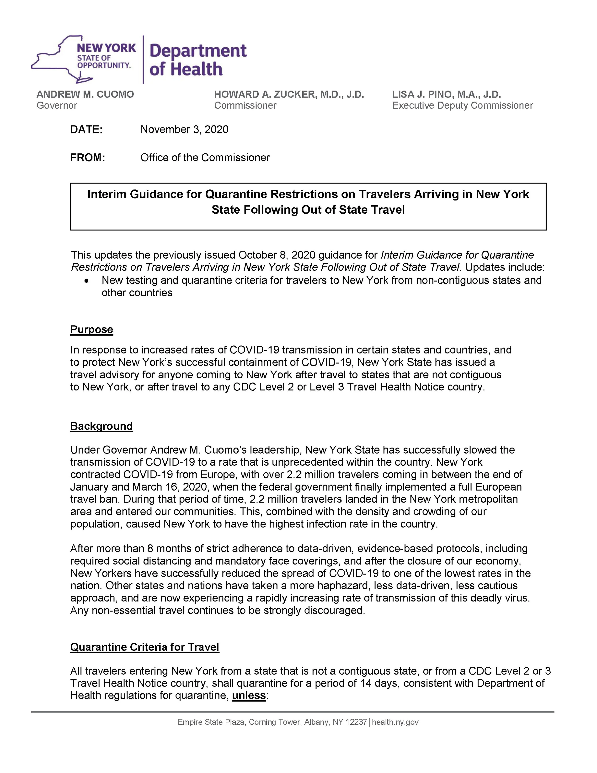 Interim Guidance for Quarantine Restrictions on Travelers Arriving in New York State Following Out of State Travel