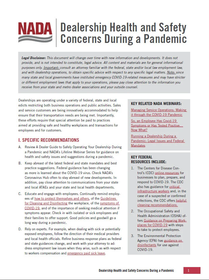 NADA: Dealership Health and Safety Concerns During a Pandemic