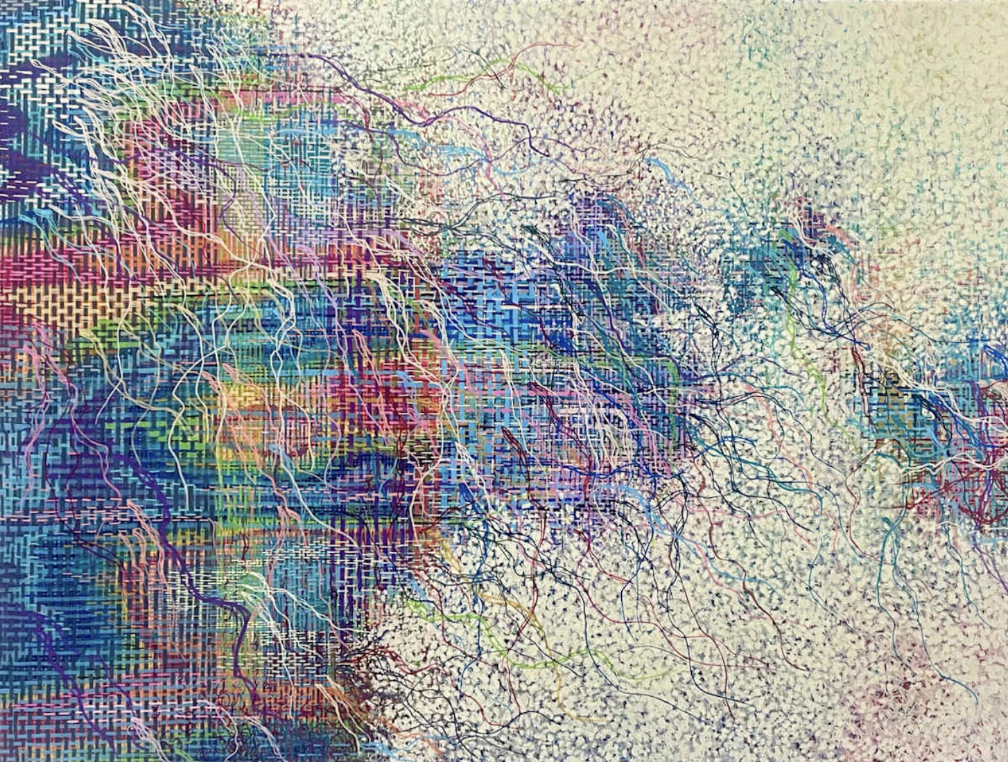 Behind the Veil, 2025, 36" by 48" acrylic on wood panel