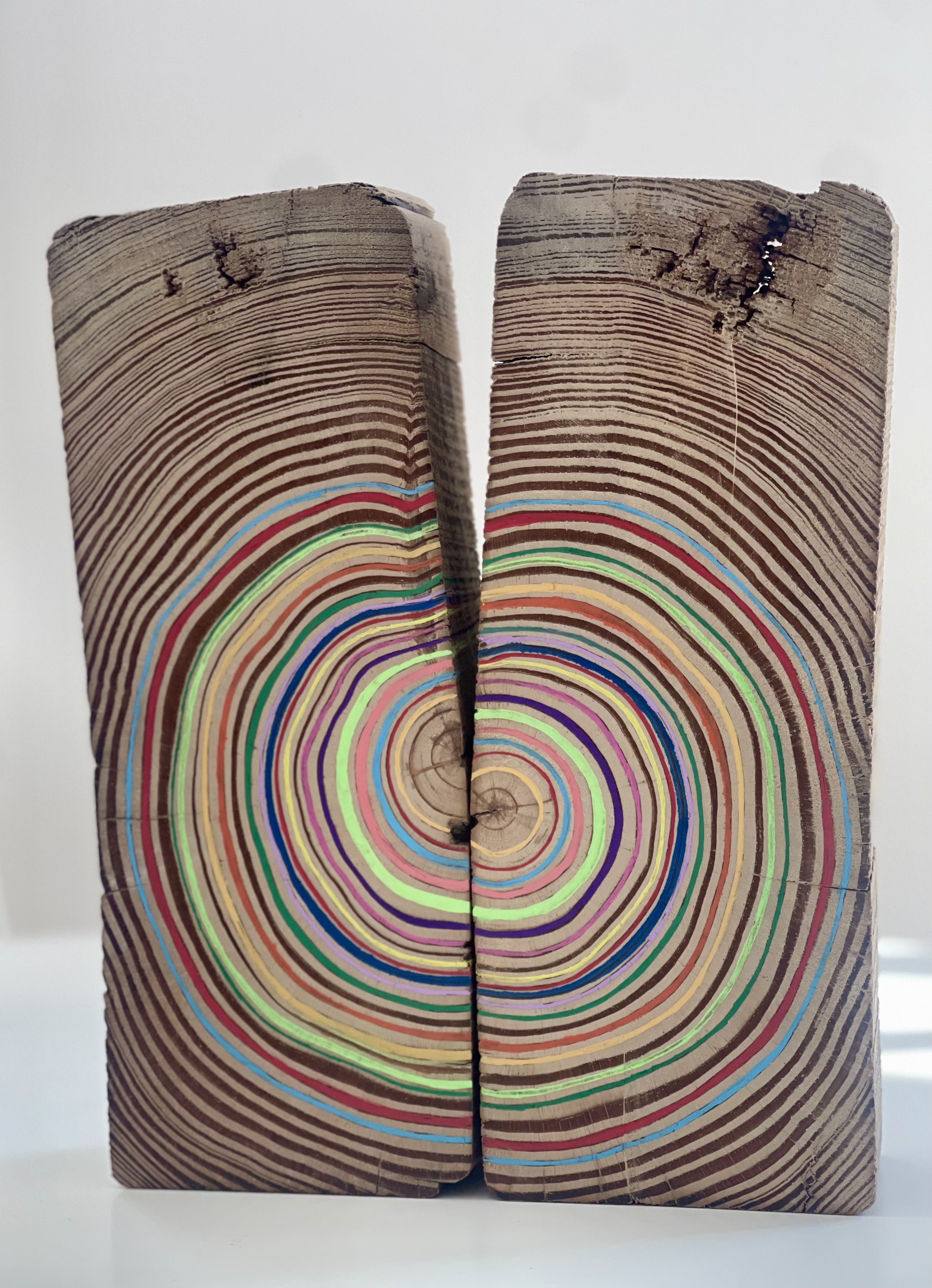 Broken Chord II, 2025, 8" by 10" acrylic on reclaimed wood beam