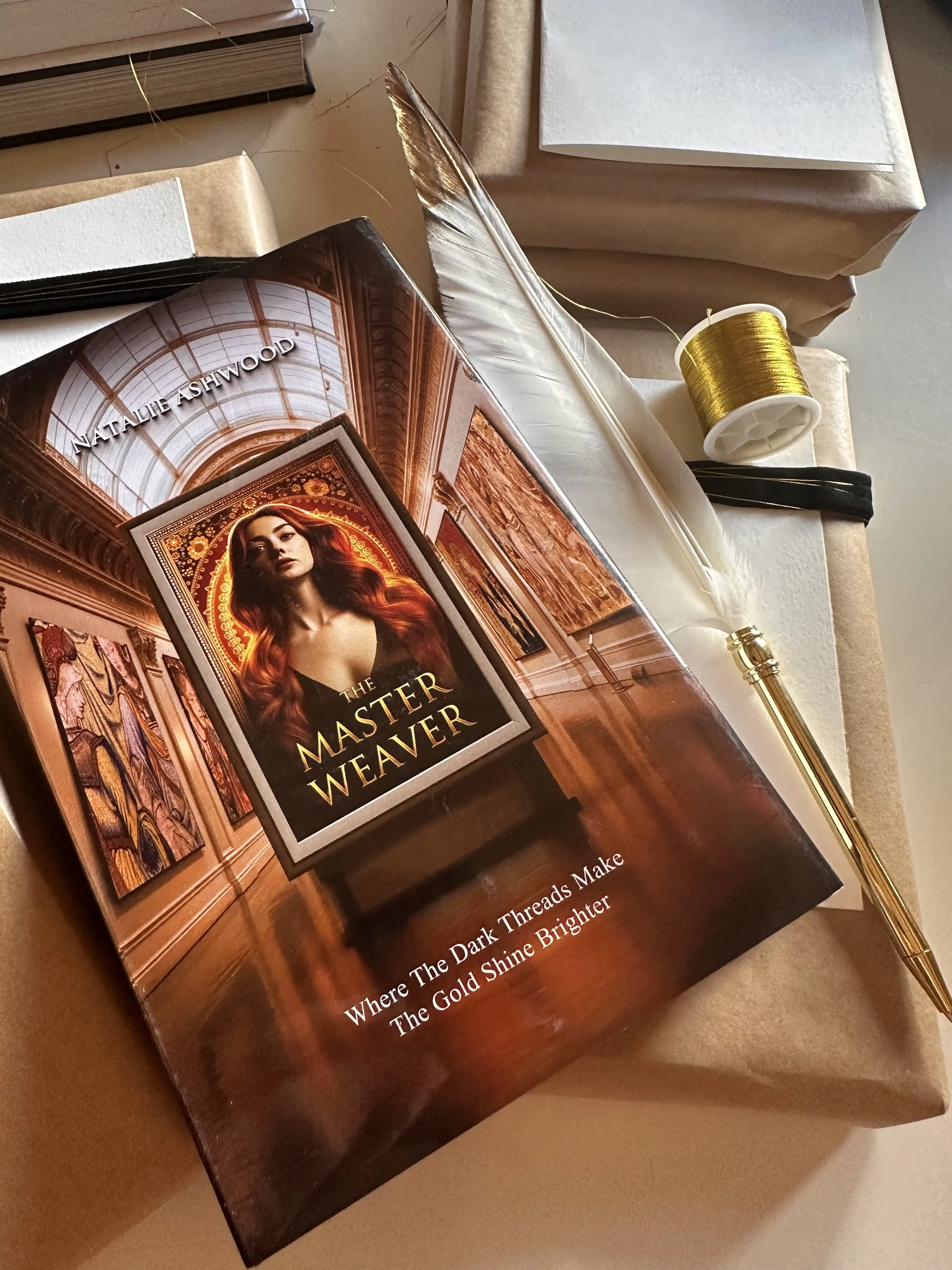 The Master Weaver book by Natalie Ashwood, with gold thread and a writing feather pen, wrapped to send the book.