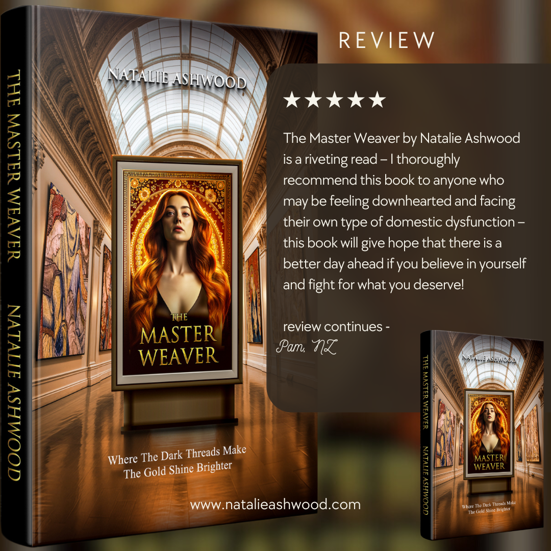A book cover titled 'The Master Weaver' by Natalie Ashwood, with a five-star book review