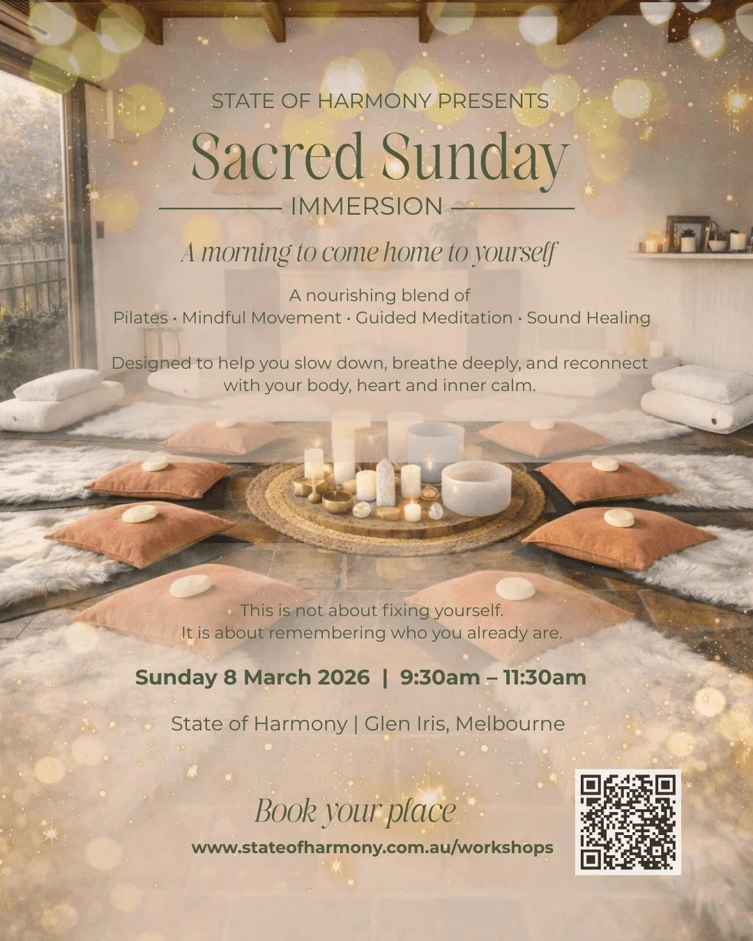 Feeling overwhelmed by the constant rush of life? Sacred Sunday is your gentle invitation to pause, breathe, and come home to yourself.

Join us for a morning designed to slow down and soften. We start with mindful Pilates to reconnect with your body