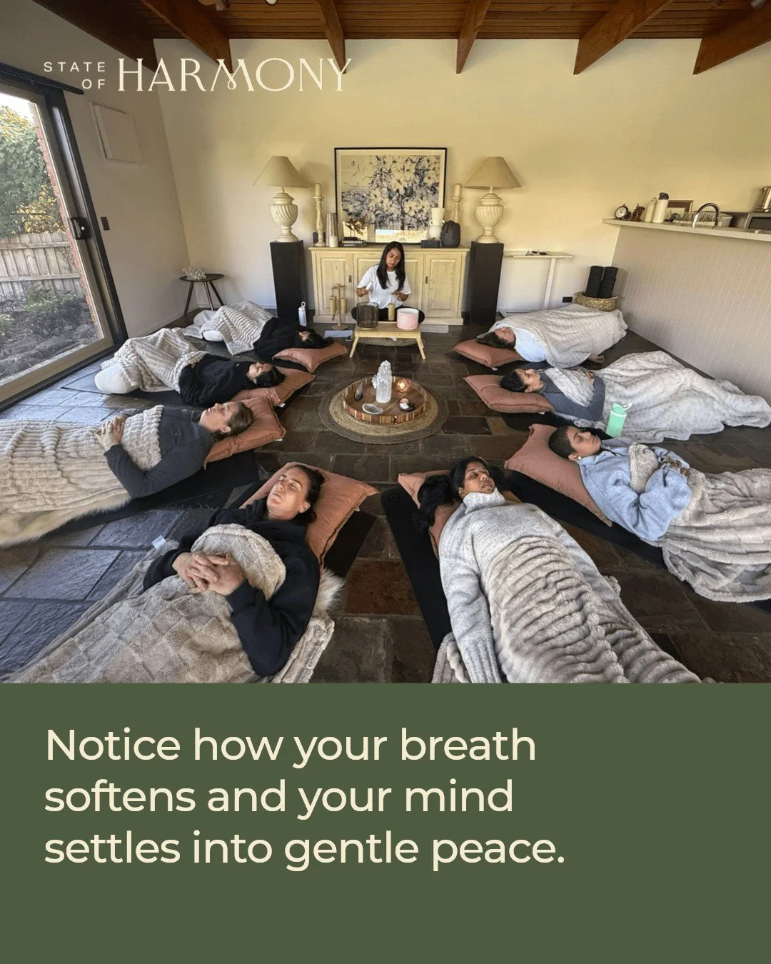 When movement, stillness and sound come together, something within you may begin to soften.

Your body finds ease.
Your mind settles.
Your breath has space to move again.

This gentle weaving of mindful movement, guided meditation and sound bowl heal