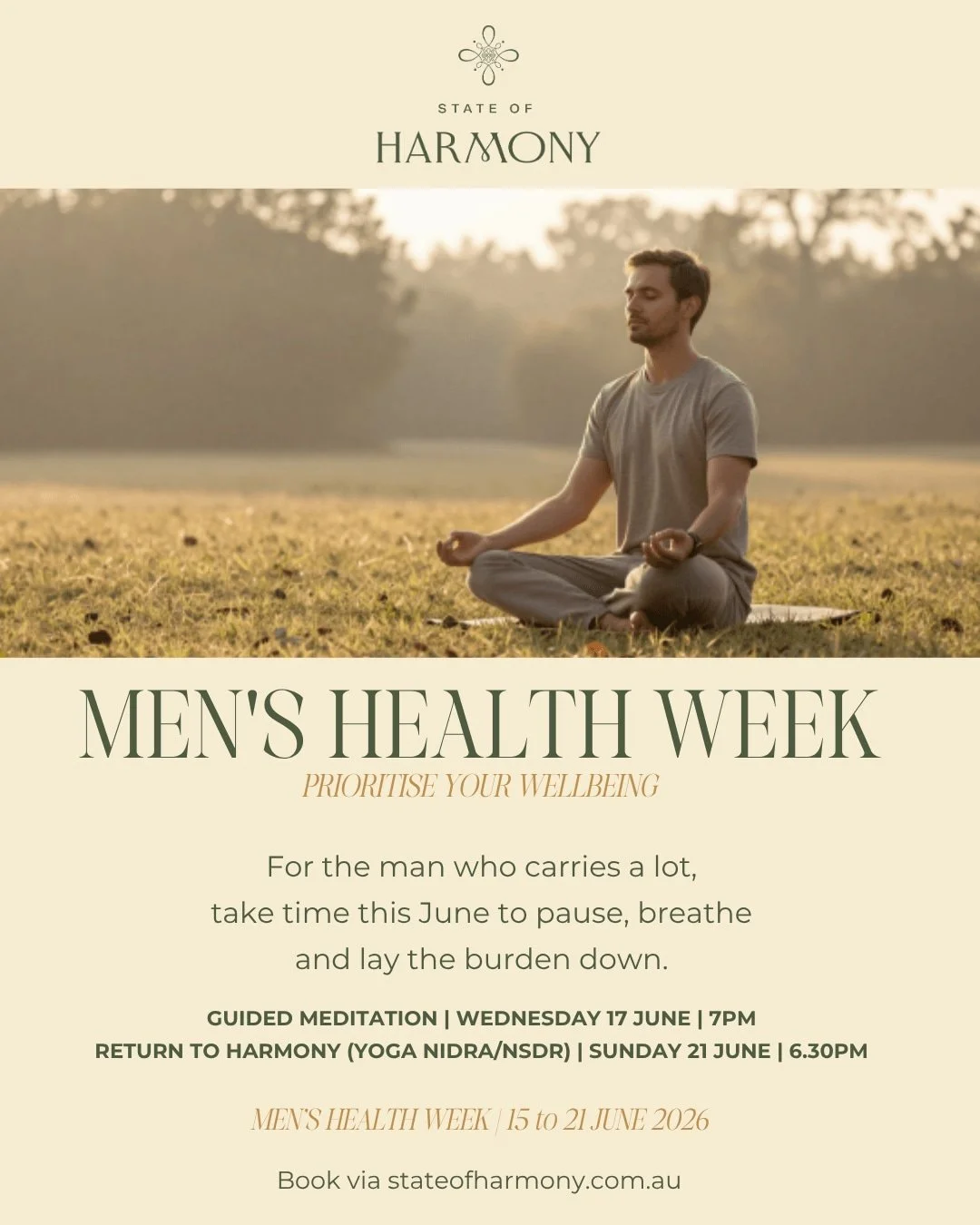 **Men&rsquo;s Health Week | 15&ndash;21 June 2026**

One of the things I&rsquo;ve been reflecting on is how self-care, meditation and nervous system support are often more visible and socially accepted for women.

But men carry stress too.

Often qui