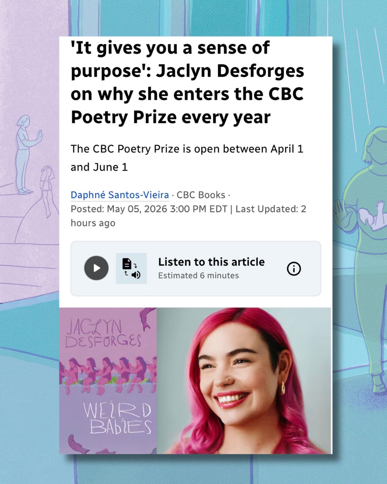 I was so thrilled to have the opportunity on Friday to do six interviews with @cbcradio hosts across the country about the launch of Weird Babies and my experience as a CBC poetry prize finalist. You can listen to my interview with Sonali Karnick of 
